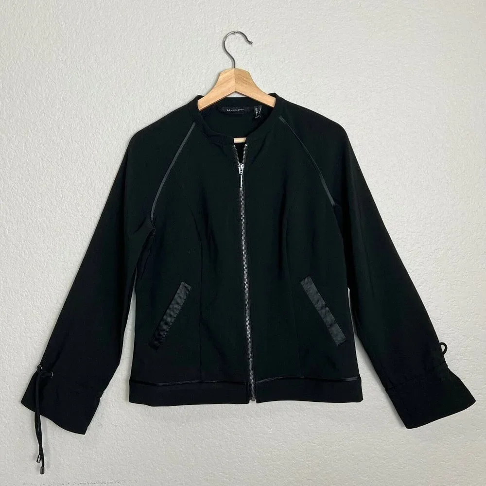 H by Halston Zip Front Bomber Jacket Size 4 Drawstring Sleeves Black A350234 - Picture 5 of 12